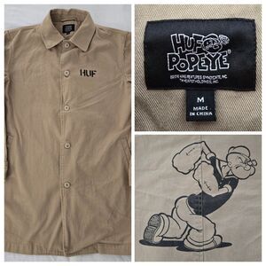 Huf x Popeye Trench Jacket Mens M Fits Large Button Up Long Sleeve Skate Pockets